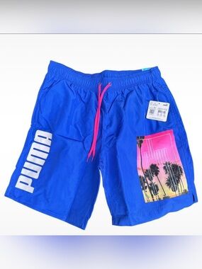 Puma Men's Blue Palm Tree Beach Graphic Bathing Swim Shorts Trunks XL
